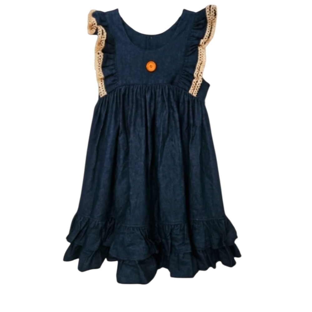 Eleanor Rose Lacey Dress Denim 100% Cotton Tiered Ruffle Hem Sz 8-10